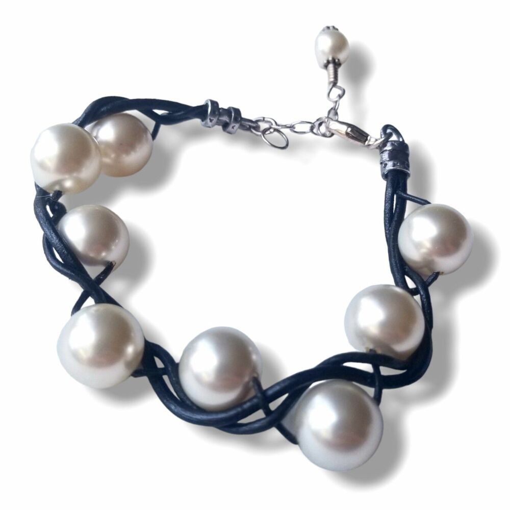 White Faux Pearls Black Leather Boho Bracelet 7"